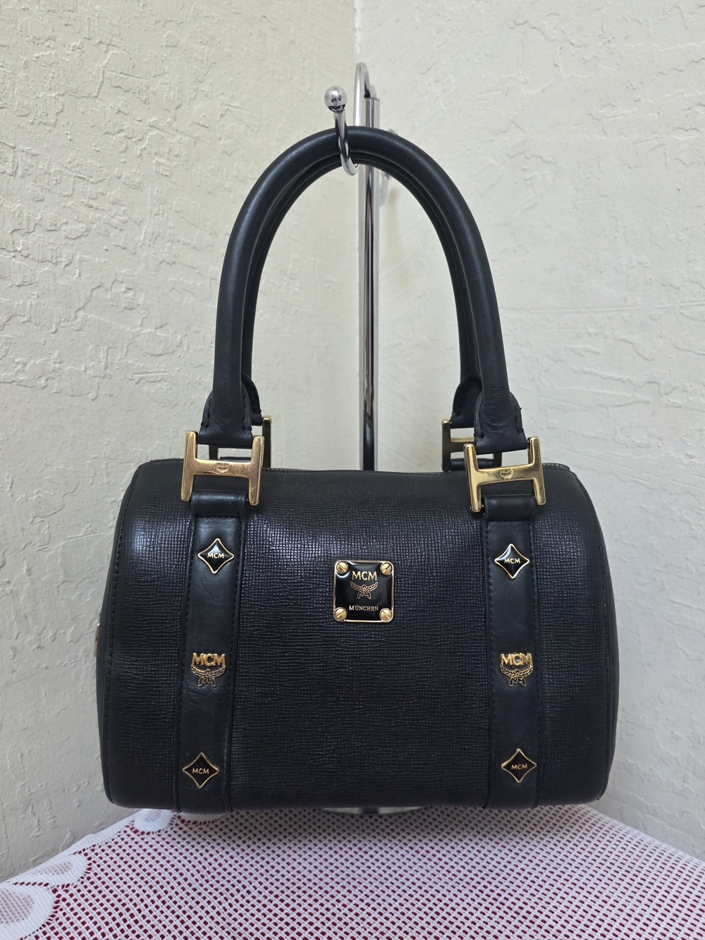 MCM Leather Black Small Boston Handbag Satchel AUTHENTIC